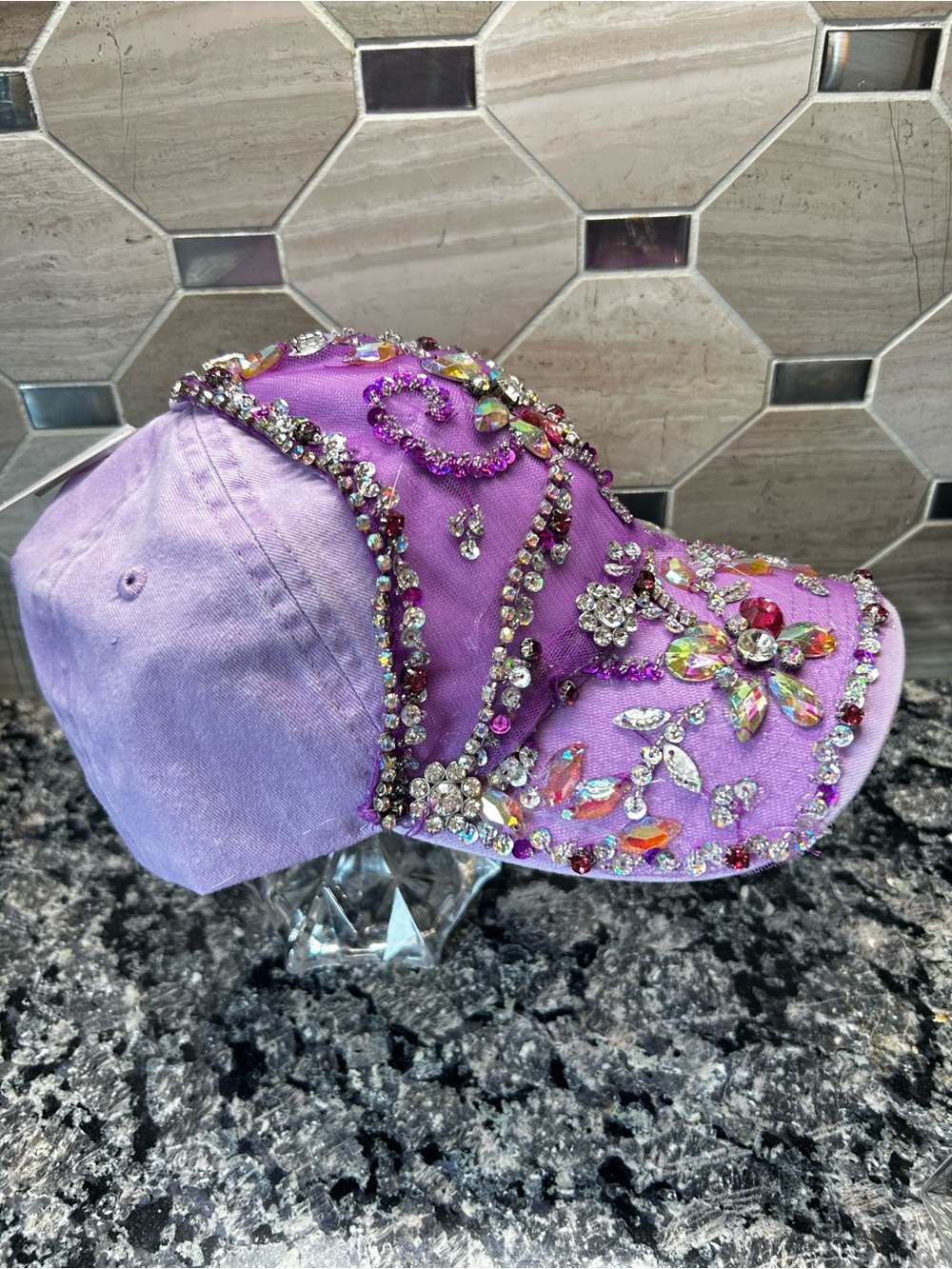 OOAK Bling Rhinestone Lavender Baseball Cap Handcrafted Festival Glam Hat - Picture 7 of 9